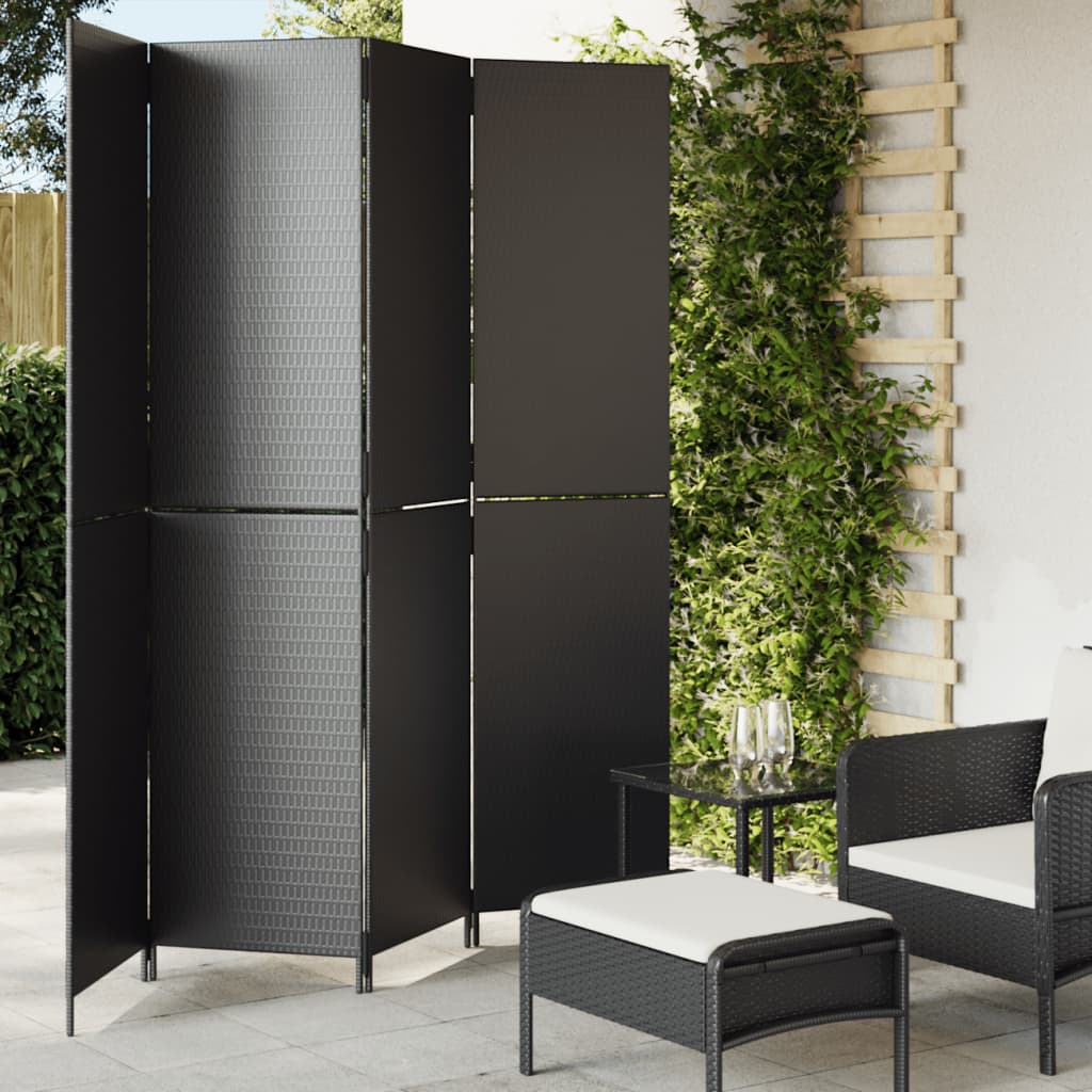 Room Divider 4 Panels Poly Rattan Full Weaving Length 200 cm Black 196 cm