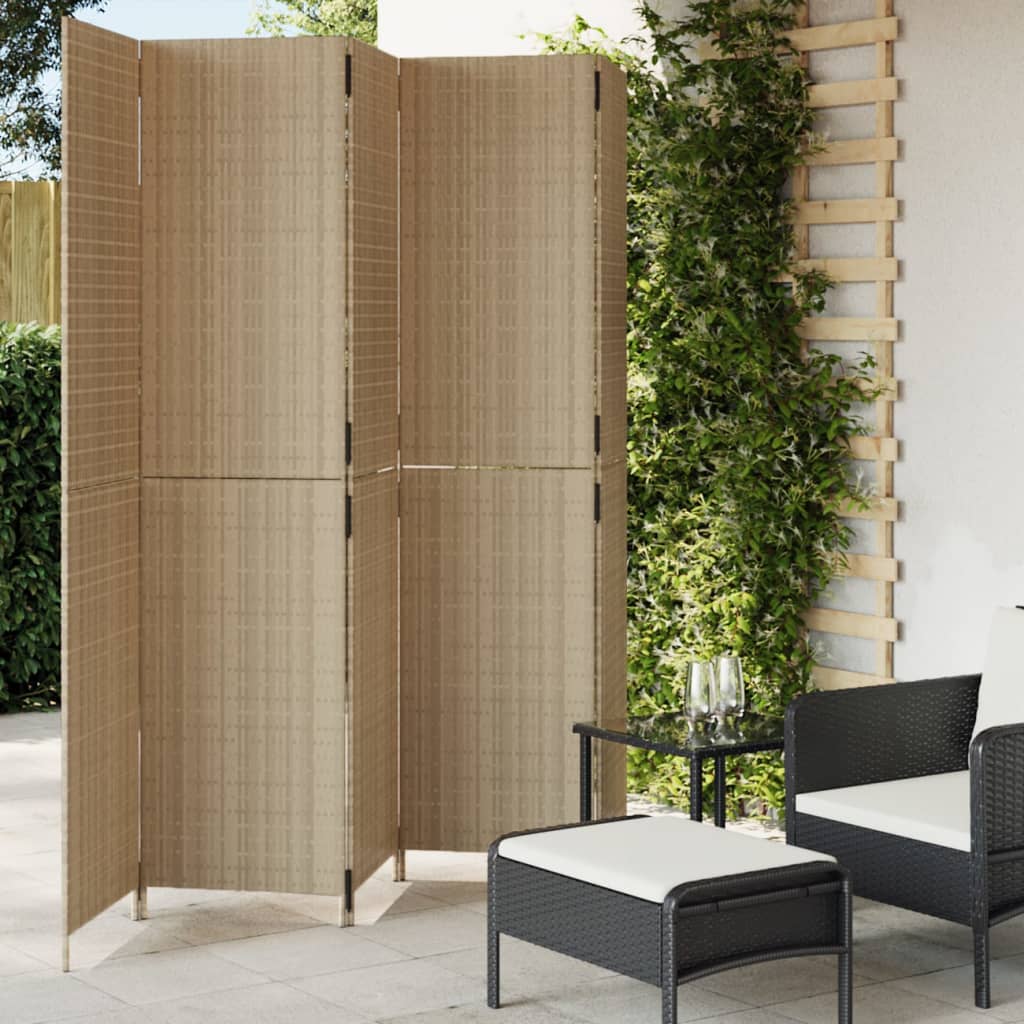 Room Divider 4 Panels Poly Rattan Full Weaving Length 200 cm Beige 245 cm
