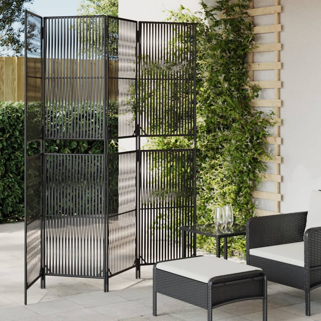 Room Divider 3 Panels Poly Rattan Line Weaving Length 200 cm Black 196 cm