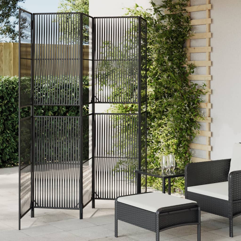 Room Divider 3 Panels Poly Rattan Line Weaving Length 200 cm Black 245 cm