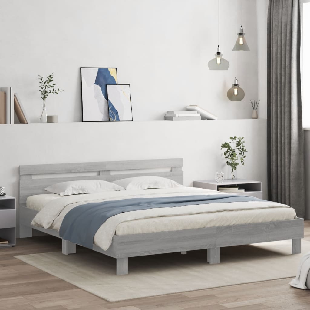 Bed Frame with LED without Mattress Grey Sonoma 200 x 200 cm