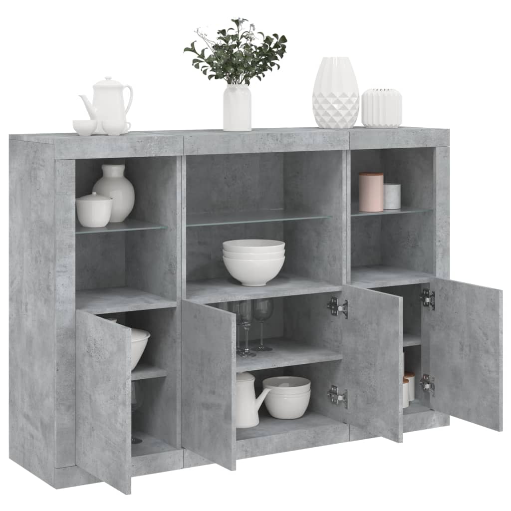 Sideboards with LED Lights 3 pcs Engineered Wood Concrete grey