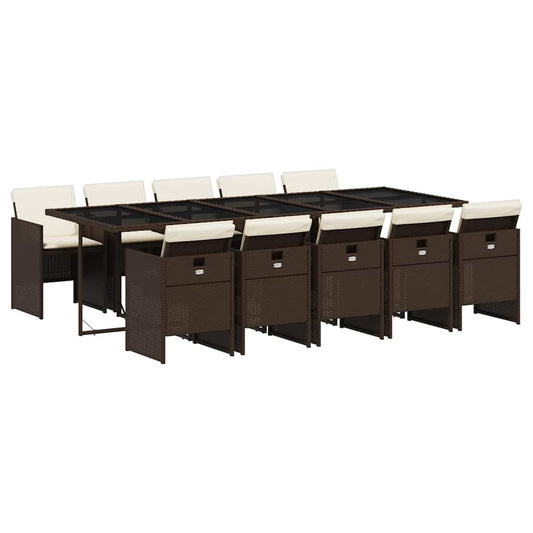 vidaXL 11 Piece Garden Dining Set with Cushions Brown Poly Rattan 2