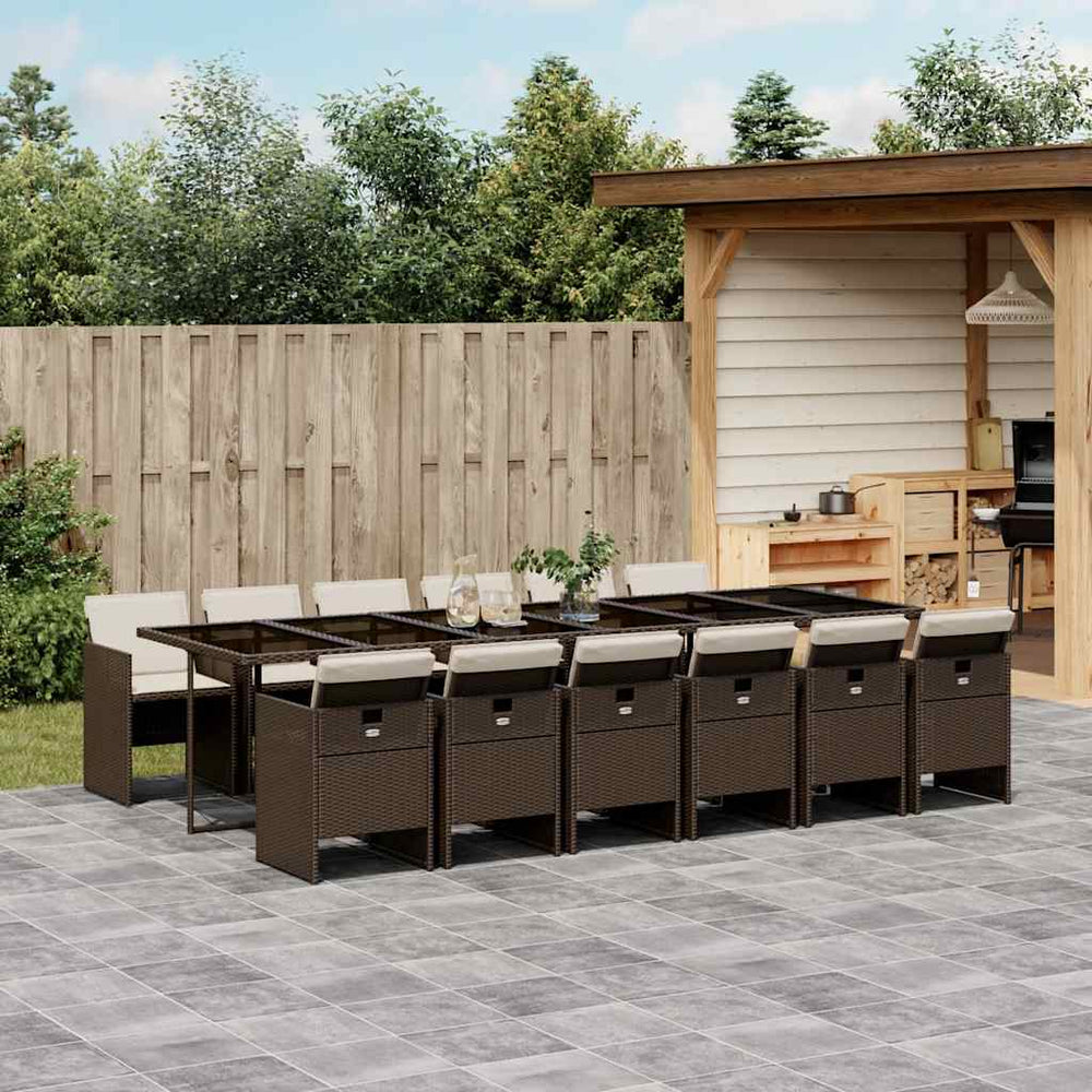 vidaXL 13 Piece Garden Dining Set with Cushions Brown Poly Rattan