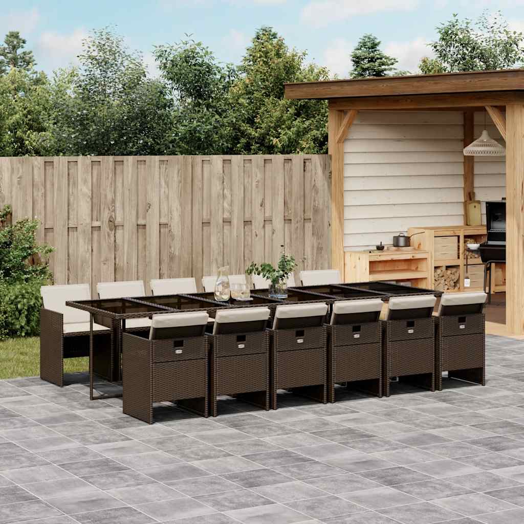 vidaXL 13 Piece Garden Dining Set with Cushions Brown Poly Rattan 1