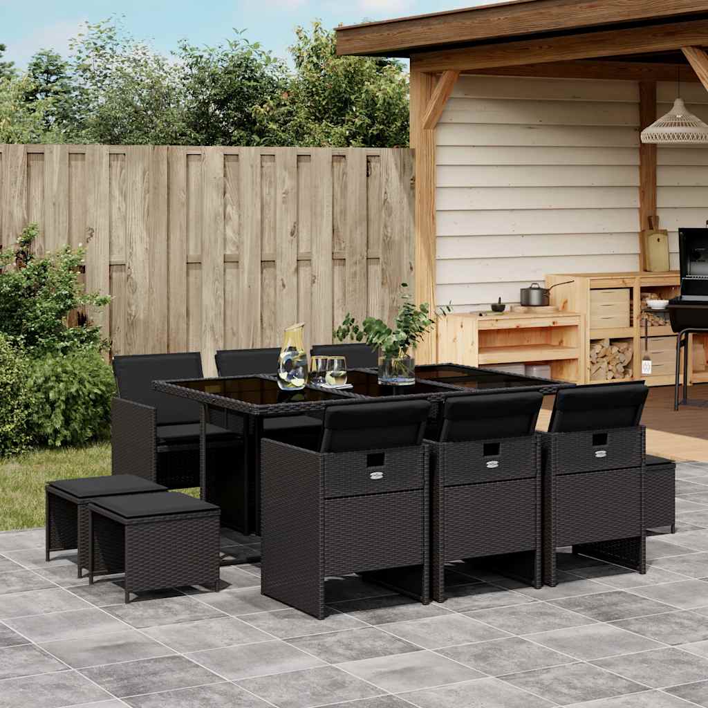 11 Piece Garden Dining Set with Cushions Poly Rattan Glass 10 pcs Black