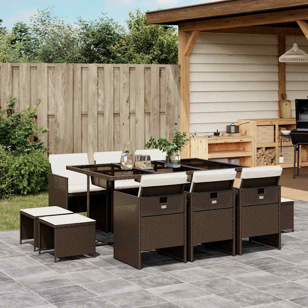 11 Piece Garden Dining Set with Cushions Poly Rattan Glass 10 pcs Brown