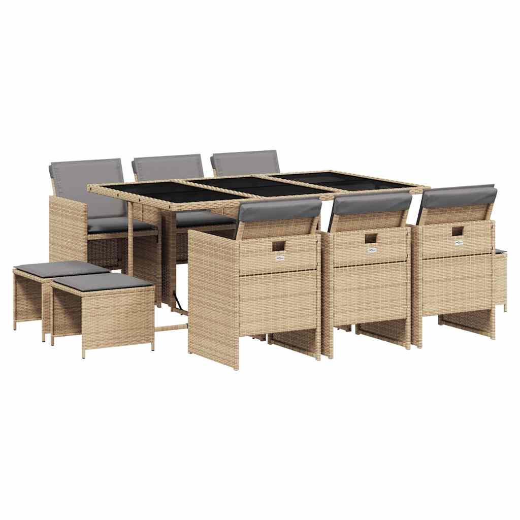 vidaXL 11 Piece Garden Dining Set with Cushions Mix Beige Poly Rattan 2