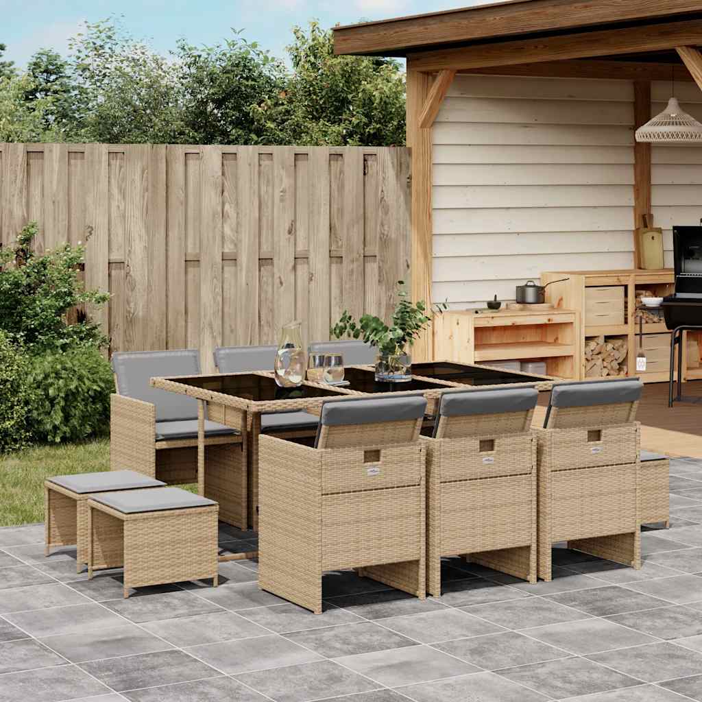 vidaXL 11 Piece Garden Dining Set with Cushions Mix Beige Poly Rattan 1