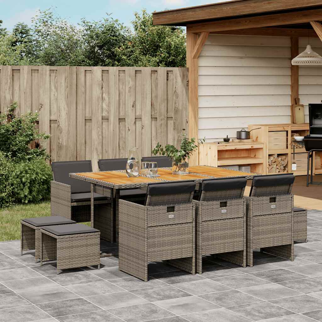 vidaXL 11 Piece Garden Dining Set with Cushions Grey Poly Rattan 1