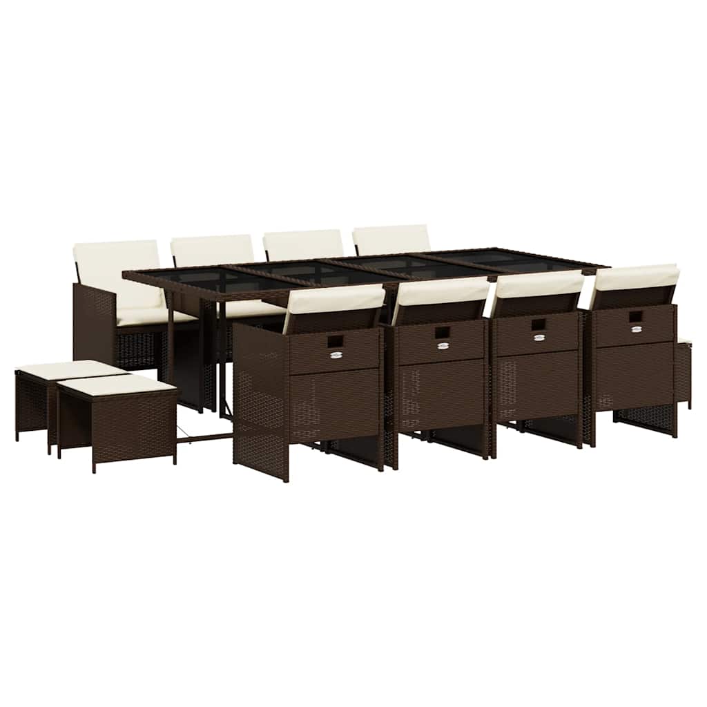 vidaXL 13 Piece Garden Dining Set with Cushions Brown Poly Rattan 2