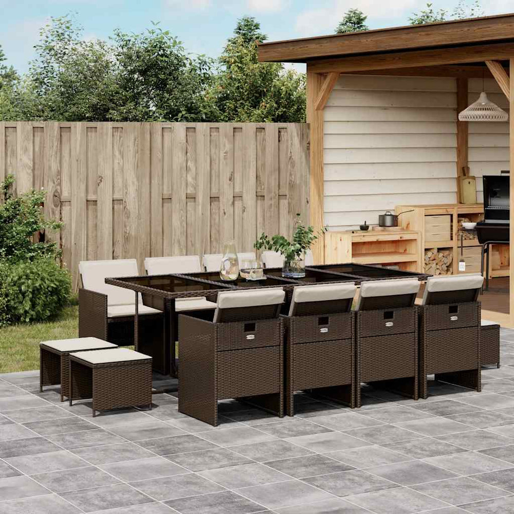 vidaXL 13 Piece Garden Dining Set with Cushions Brown Poly Rattan
