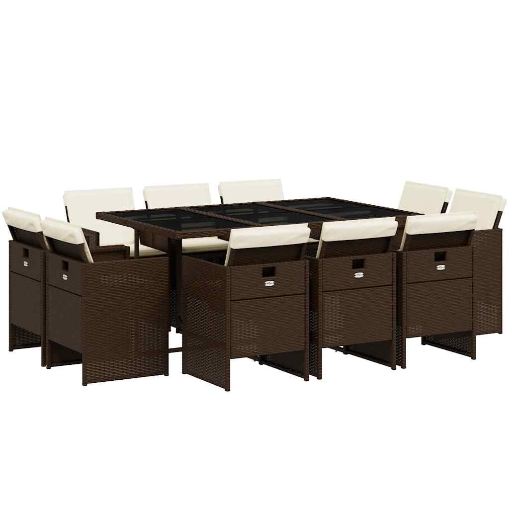 11 Piece Garden Dining Set with Cushions Poly Rattan Glass 10 Brown and cream