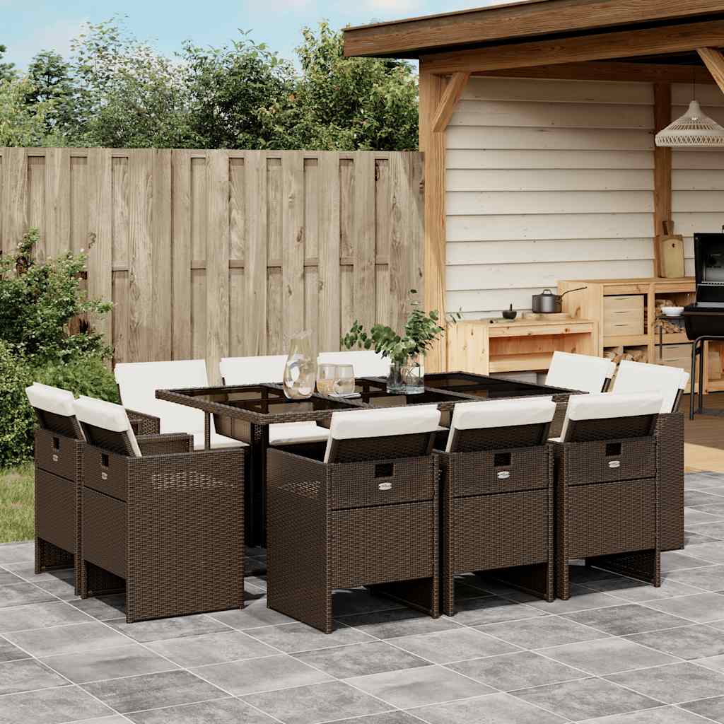 vidaXL 11 Piece Garden Dining Set with Cushions Brown Poly Rattan 1