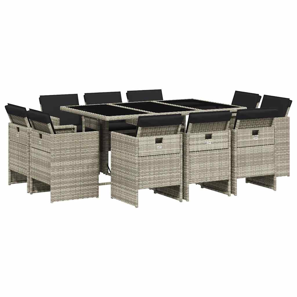 vidaXL 11 Piece Garden Dining Set with Cushions Light Grey Poly Rattan 2