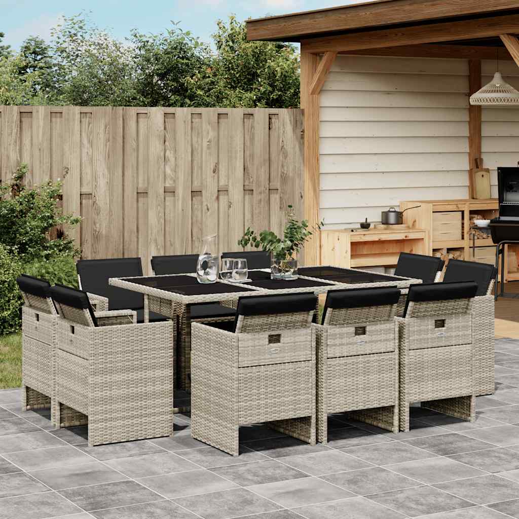 vidaXL 11 Piece Garden Dining Set with Cushions Light Grey Poly Rattan 1