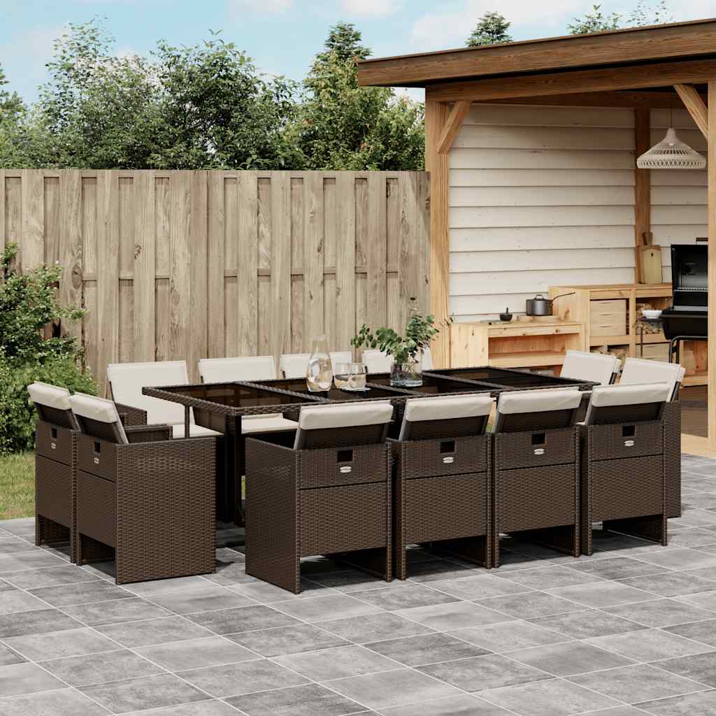 vidaXL 13 Piece Garden Dining Set with Cushions Brown Poly Rattan 1