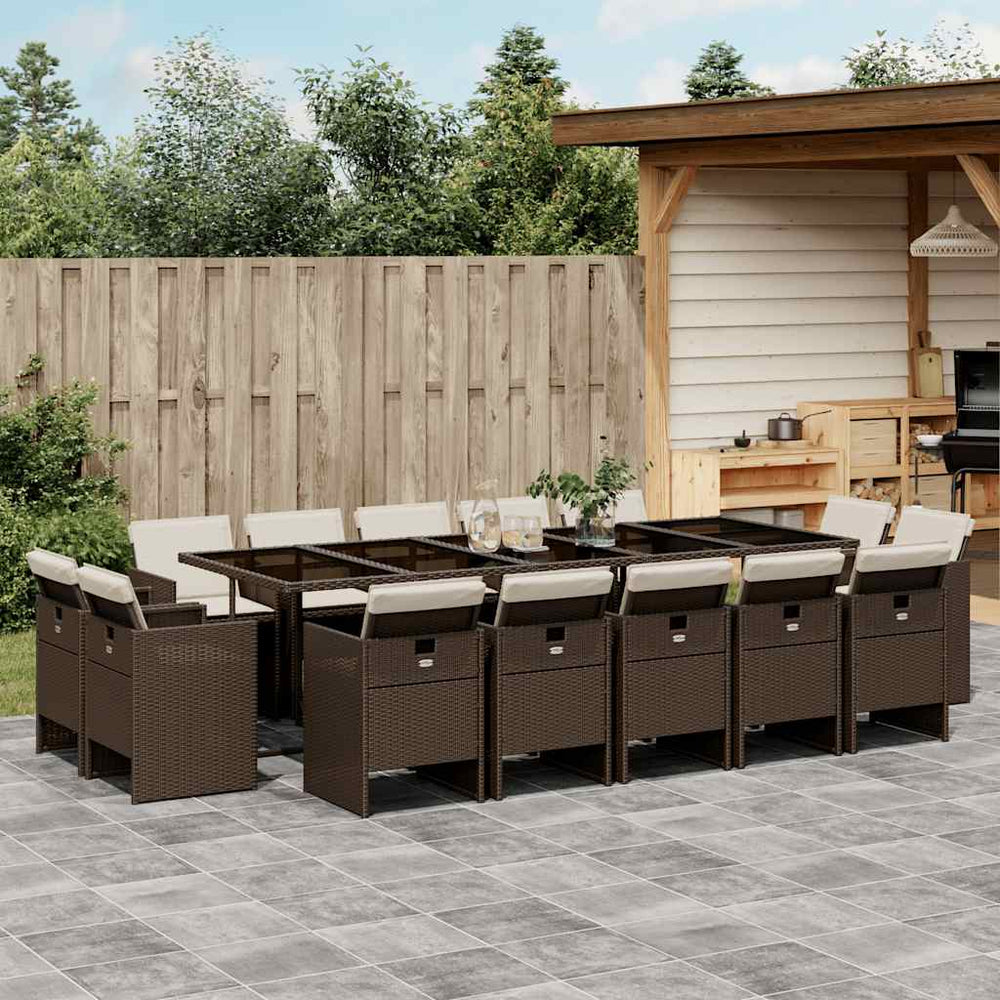 vidaXL 15 Piece Garden Dining Set with Cushions Brown Poly Rattan