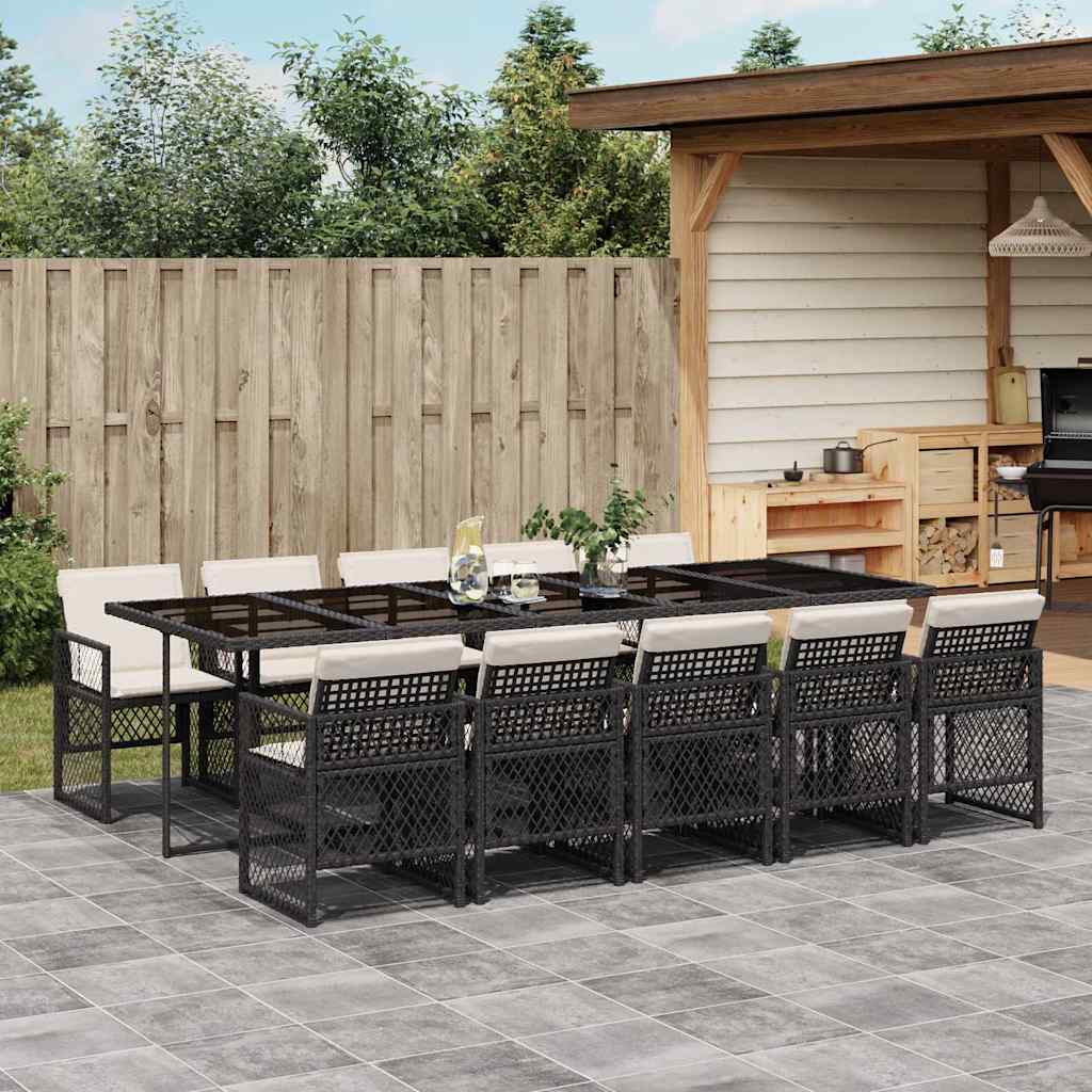 vidaXL 11 Piece Garden Dining Set with Cushions Black Poly Rattan 1