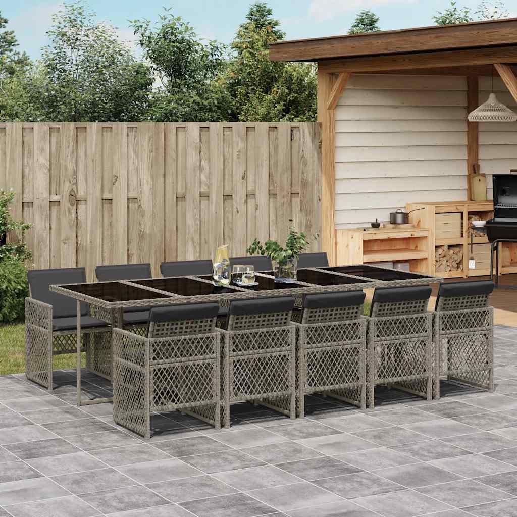 11 Piece Garden Dining Set with Cushions Poly Rattan Glass 10 Grey