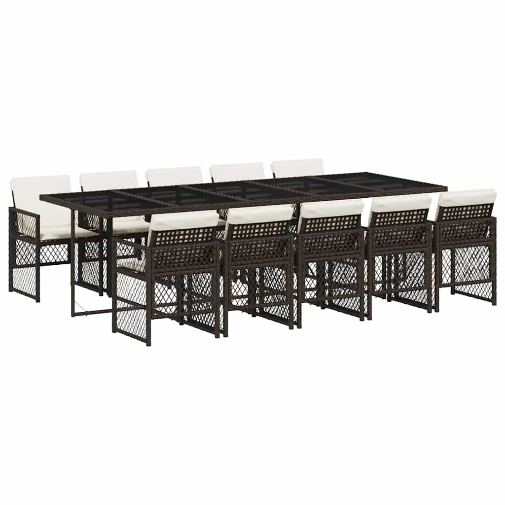11 Piece Garden Dining Set with Cushions Poly Rattan Glass 10 Brown and cream