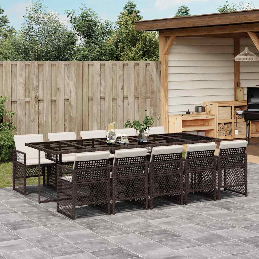 11 Piece Garden Dining Set with Cushions Poly Rattan Glass 10 Brown and cream