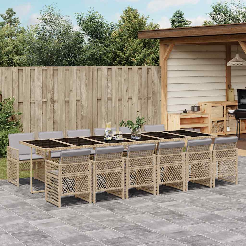 vidaXL 13 Piece Garden Dining Set with Cushions Beige Poly Rattan 1