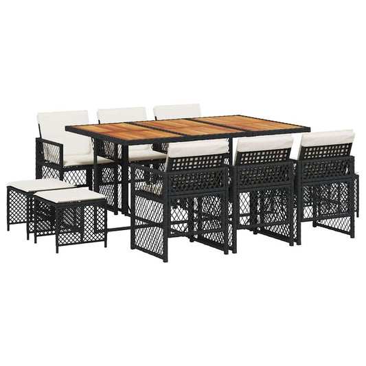 9 Piece Garden Dining Set with Cushions Poly Rattan Wood Black and cream 10
