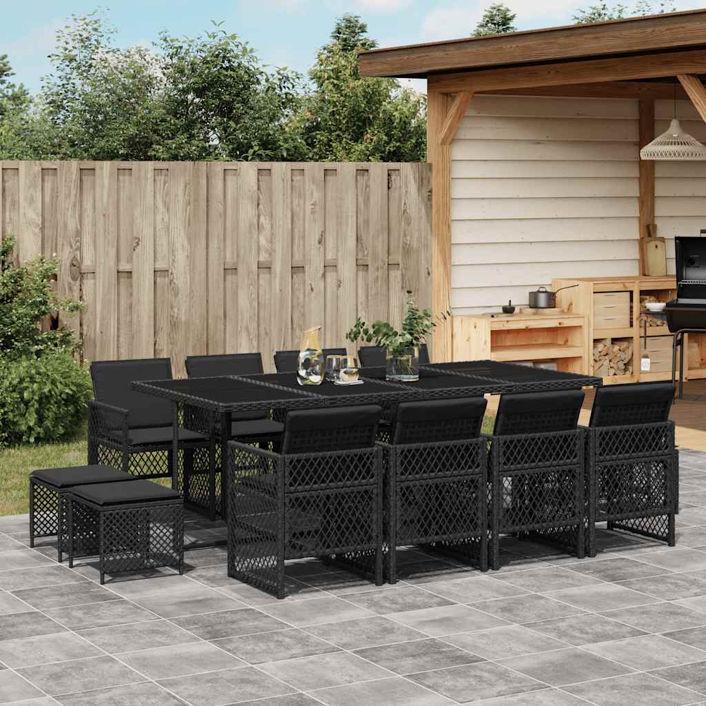 vidaXL 13 Piece Garden Dining Set with Cushions Black Poly Rattan 1