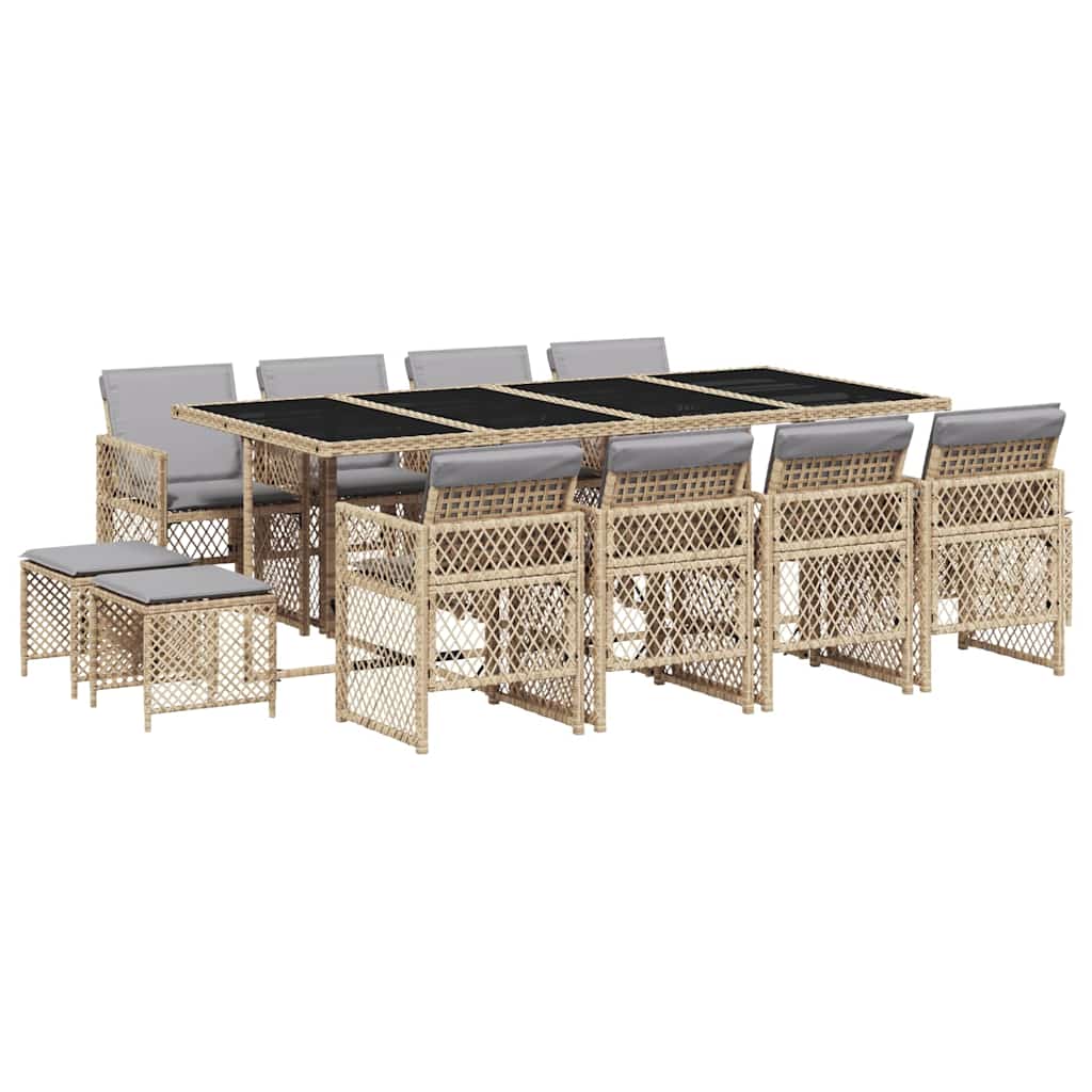 vidaXL 13 Piece Garden Dining Set with Cushions Beige Poly Rattan 2