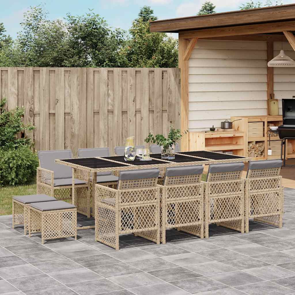 vidaXL 13 Piece Garden Dining Set with Cushions Beige Poly Rattan 1