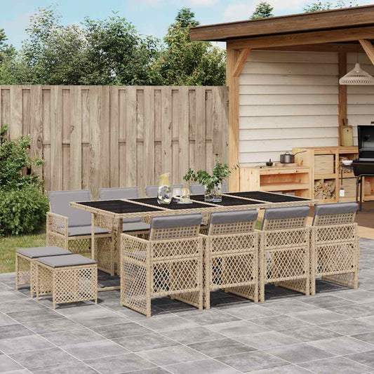 13 Piece Garden Dining Set with Cushions Poly Rattan Glass 12 Beige and grey
