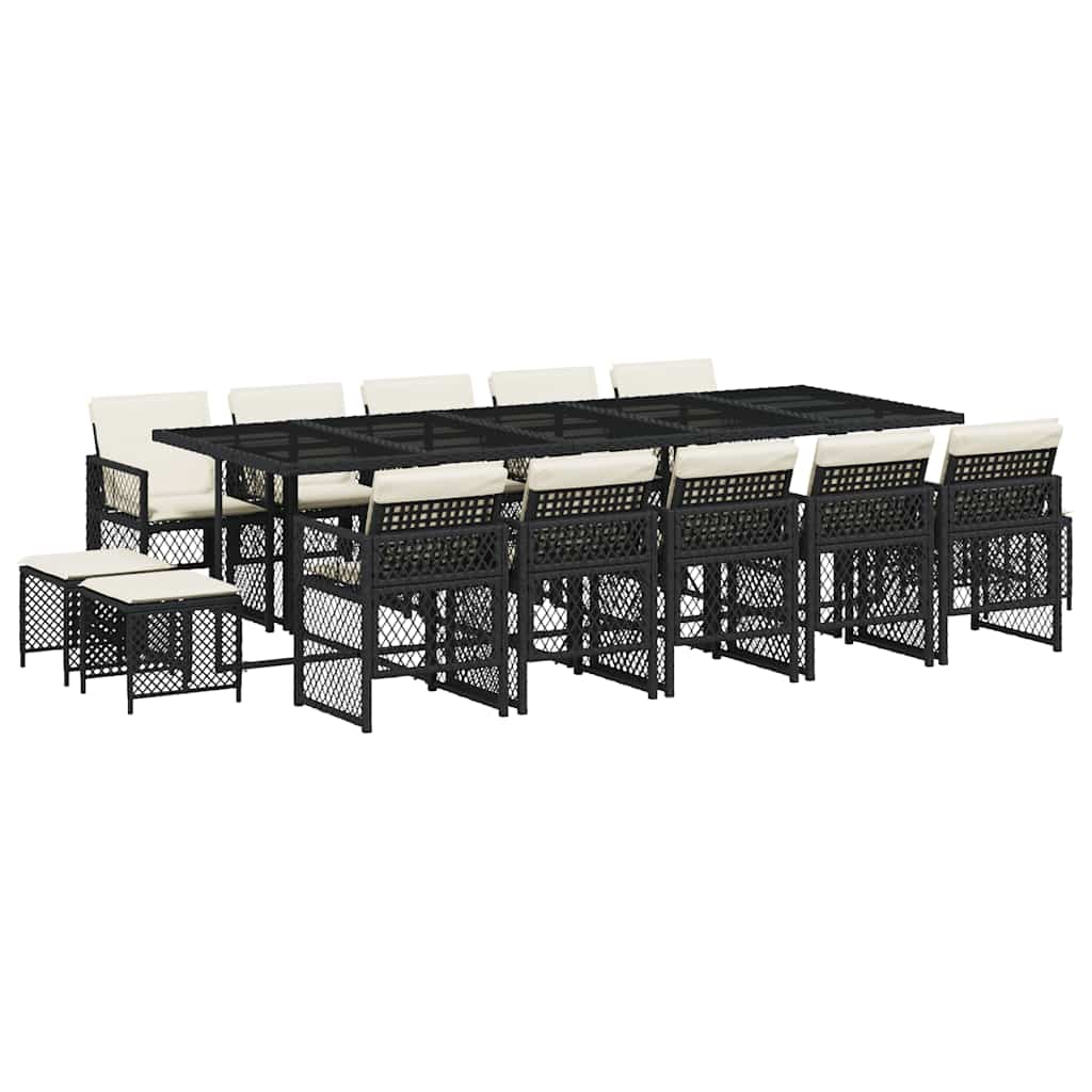 vidaXL 15 Piece Garden Dining Set with Cushions Black Poly Rattan 2