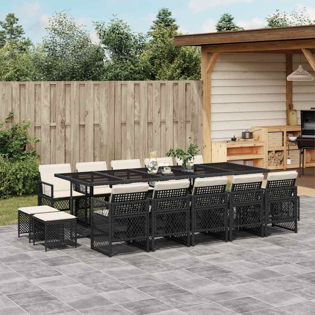 vidaXL 15 Piece Garden Dining Set with Cushions Black Poly Rattan 1