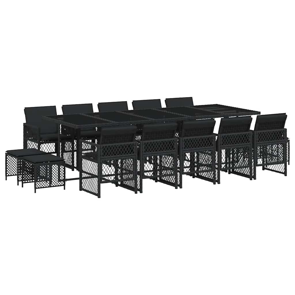 vidaXL 15 Piece Garden Dining Set with Cushions Black Poly Rattan 2