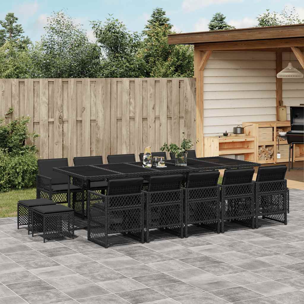 vidaXL 15 Piece Garden Dining Set with Cushions Black Poly Rattan 1
