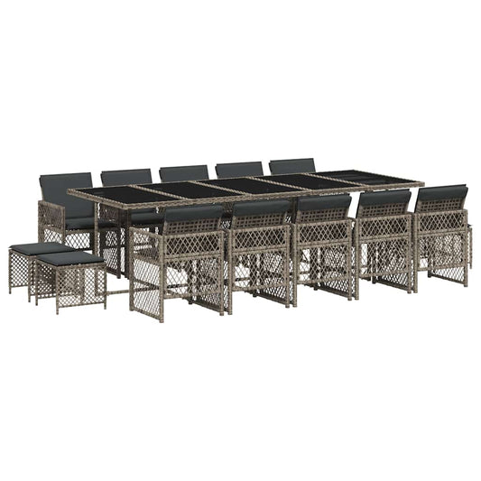 vidaXL 15 Piece Garden Dining Set with Cushions Grey Poly Rattan 2