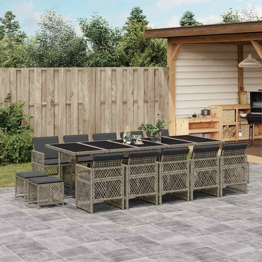 vidaXL 15 Piece Garden Dining Set with Cushions Grey Poly Rattan 1