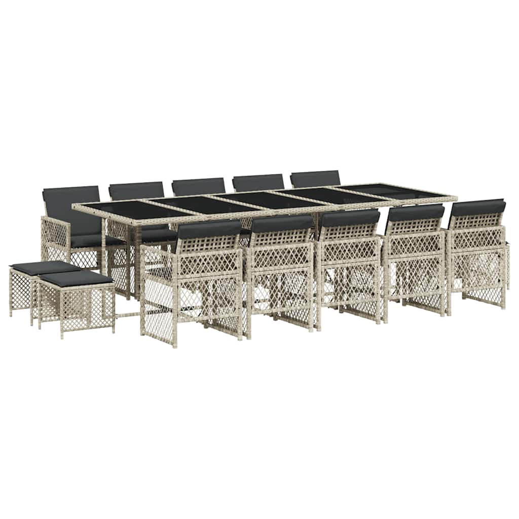 vidaXL 15 Piece Garden Dining Set with Cushions Light Grey Poly Rattan 2
