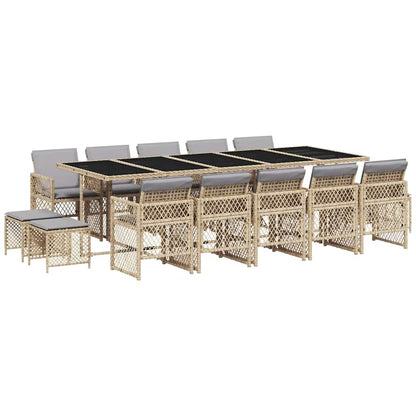 vidaXL 15 Piece Garden Dining Set with Cushions Beige Poly Rattan 2