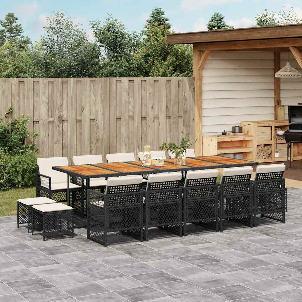 vidaXL 15 Piece Garden Dining Set with Cushions Black Poly Rattan