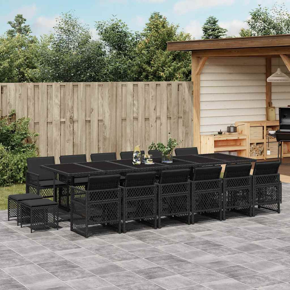 vidaXL 17 Piece Garden Dining Set with Cushions Black Poly Rattan