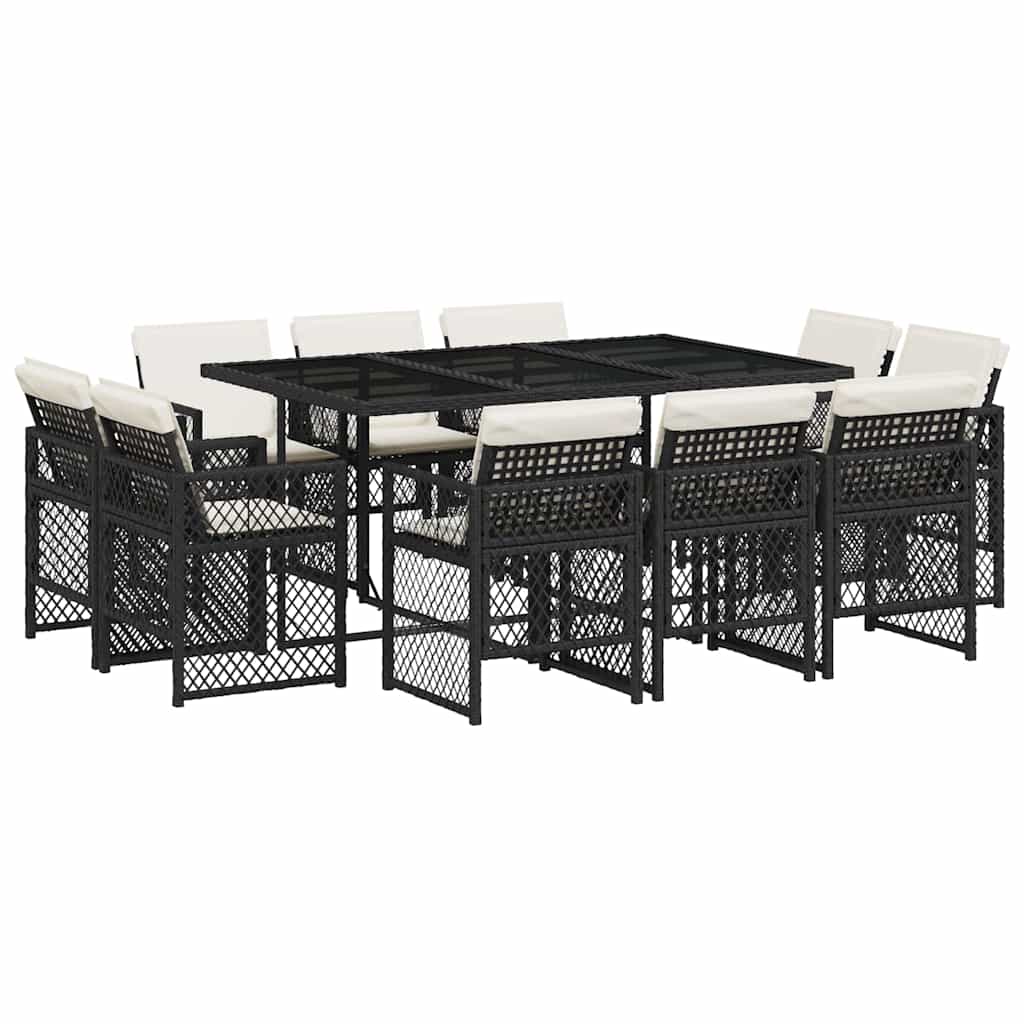 vidaXL 11 Piece Garden Dining Set with Cushions Black Poly Rattan 2