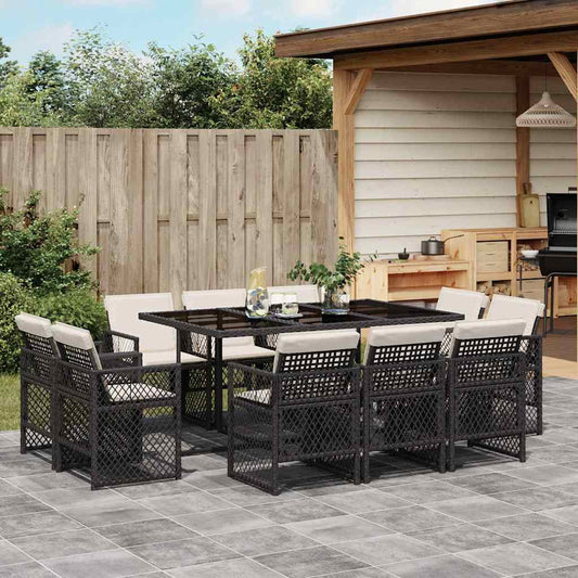 11 Piece Garden Dining Set with Cushions Poly Rattan Glass 10 Black and cream