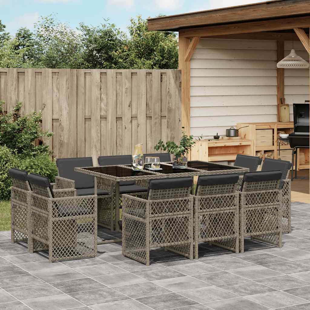 vidaXL 11 Piece Garden Dining Set with Cushions Grey Poly Rattan 1