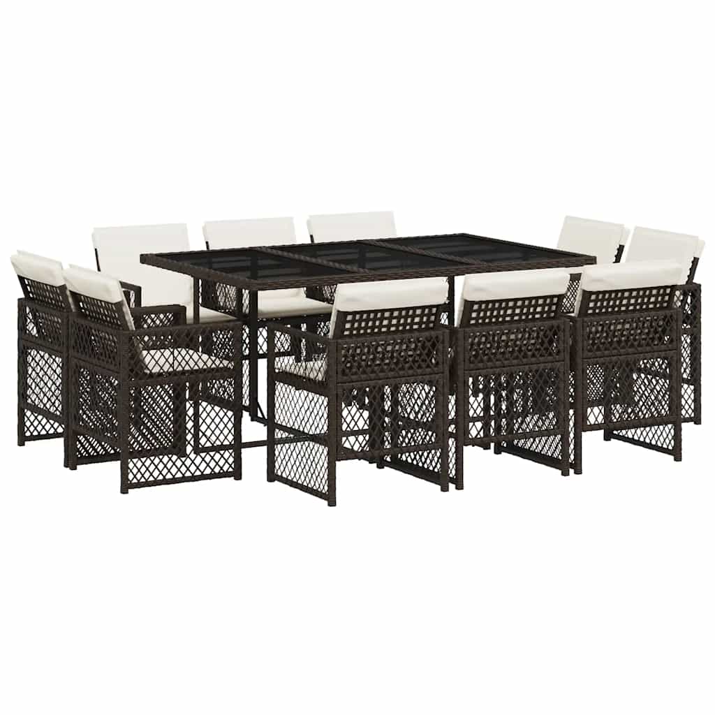 vidaXL 11 Piece Garden Dining Set with Cushions Brown Poly Rattan 2