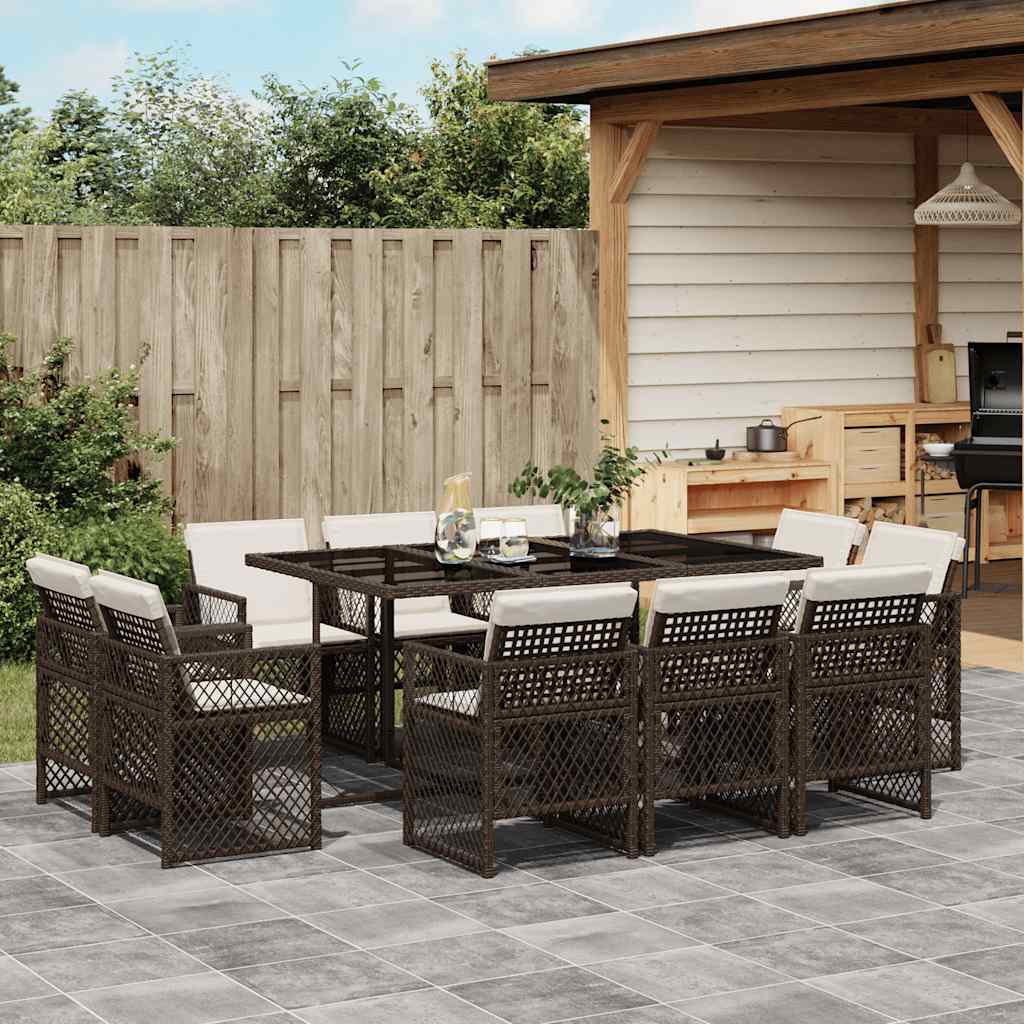 vidaXL 11 Piece Garden Dining Set with Cushions Brown Poly Rattan 1