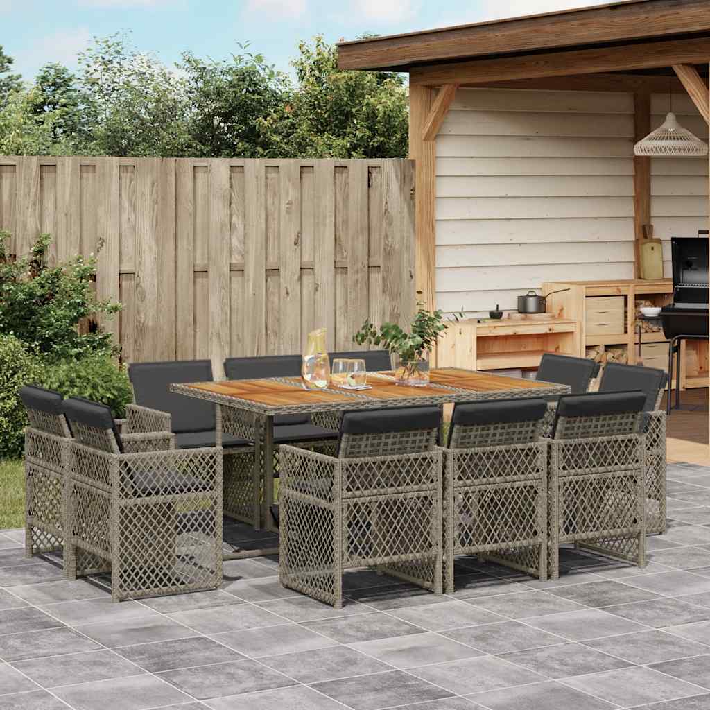 vidaXL 11 Piece Garden Dining Set with Cushions Grey Poly Rattan 1