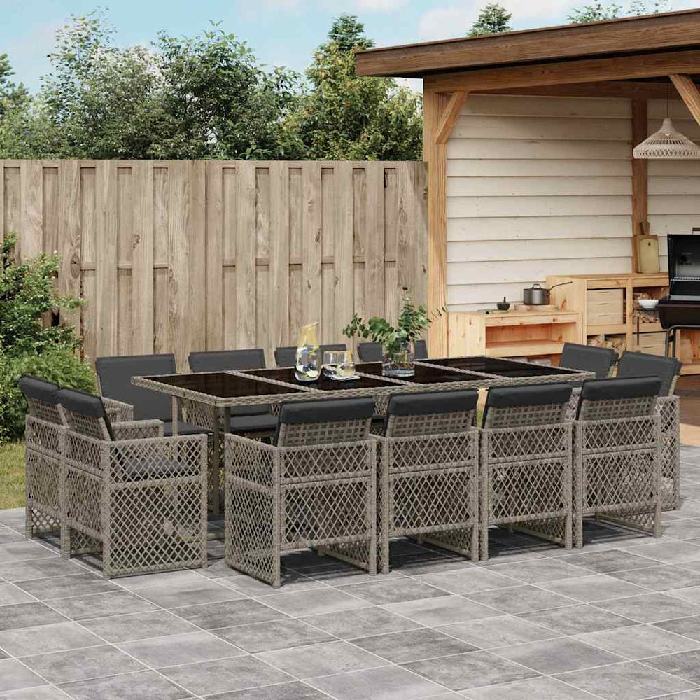 vidaXL 13 Piece Garden Dining Set with Cushions Grey Poly Rattan