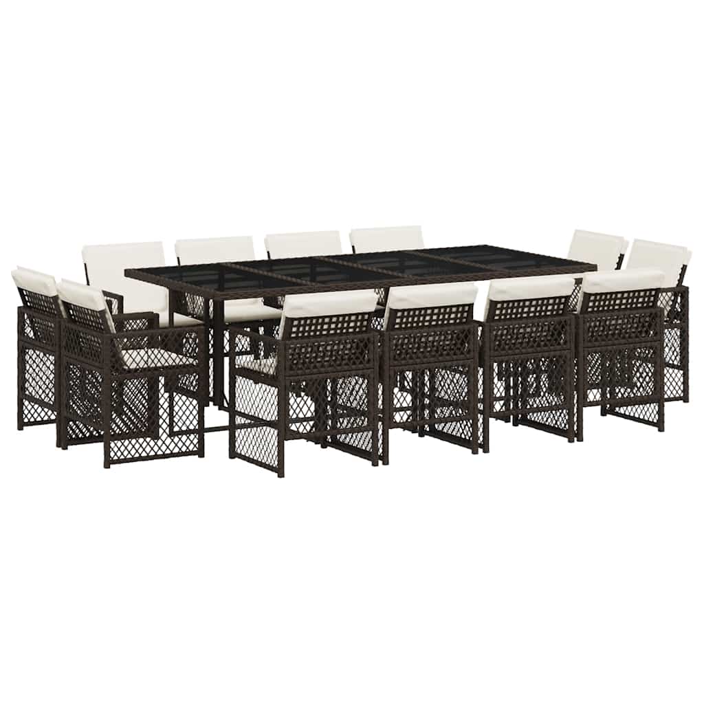 vidaXL 13 Piece Garden Dining Set with Cushions Brown Poly Rattan 2